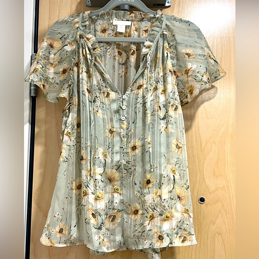 H&M Sheer Floral Flutter Sleeve Blouse